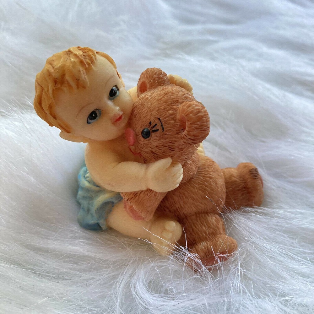 Baby Boy Blue Figurine Cherub Boy Holding Teddy Bear Resin 2 In Tall Decor